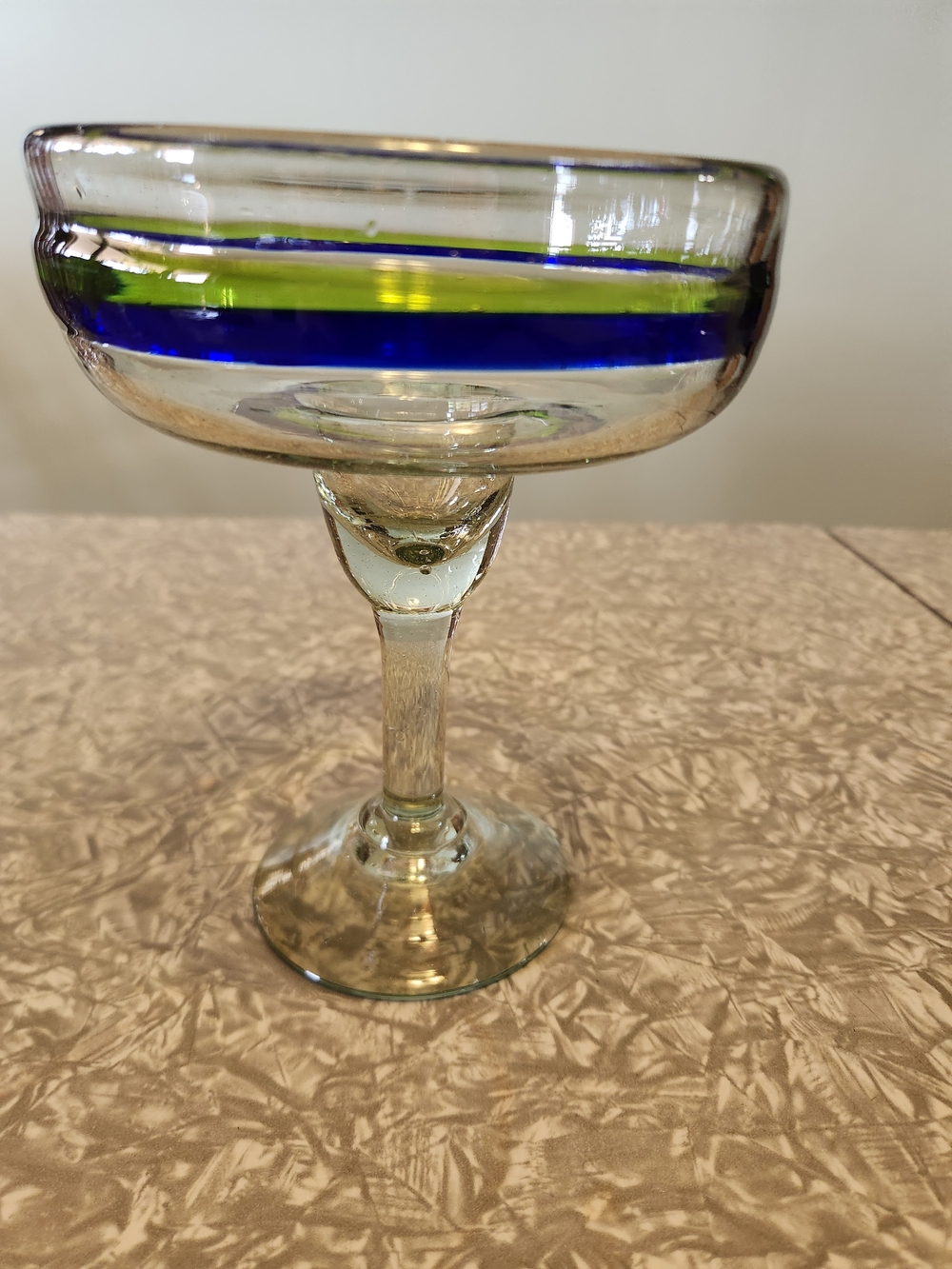 Source Unknown Glass Coupe with Blue and Lime-Green Bands